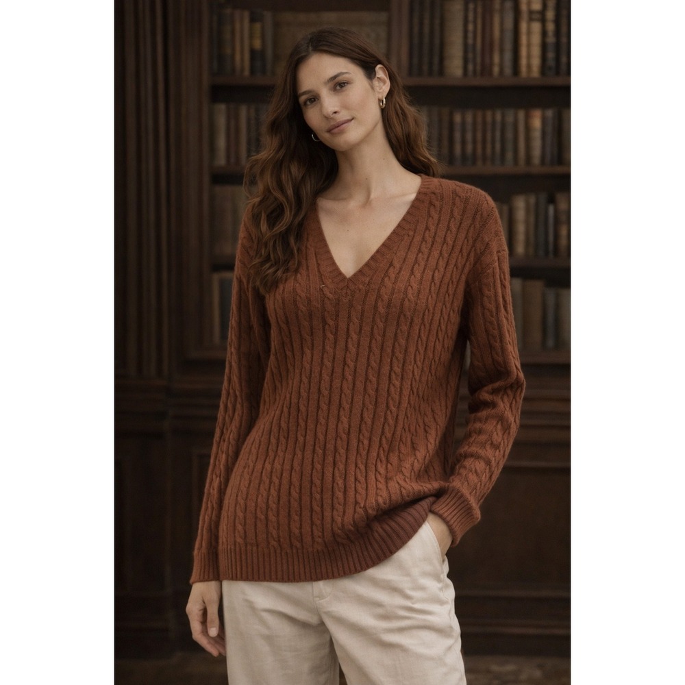 BP Nordstrom Womens large Cable Knit‎ V-Neck Sweater Brown Mink academia preppy
